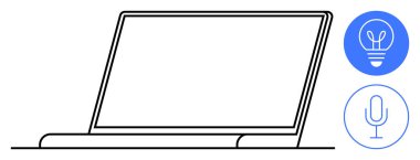 Bitişiğinde ampul ve mikrofon sembolleri olan ince çizgili dizüstü bilgisayar çizimi. Teknoloji, yenilik, yaratıcılık, uzak çalışma, beyin fırtınası, iletişim, dijital medya, basit iniş