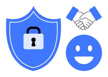 Kilit sembollü kalkan, tokalaşma ve güvenlik, güven, gizlilik, işbirliği, olumlu ilişkiler, iyimserlik ve güvenli iletişimi temsil etmekten mutluluk duyarız. Dijital platformlar için ideal mahremiyet