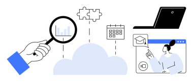 Grafiğin üzerinde el ele tutuşan büyüteç bulmaca, takvim, dizüstü bilgisayar, çevrimiçi öğrenme. Eğitim, teknoloji, veri analizi, bulut hesaplaması için takım çalışması için ideal