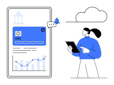 Modern finansal gösterge paneli, bulut simgesi ve uyarı zili olan bir tabletteki büyüme grafiklerini analiz eden bir kadın. Finans yönetimi, veri analizi, fintech, dijital bankacılık, bulut için ideal