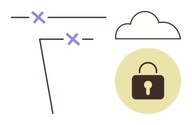 İçinde kilit olan bulut, çapraz sembollü çizgiler, koruma, güvenlik ve kısıtlı erişim portresi. Gizlilik, ağ güvenliği, teknoloji, siber savunma bulut hesaplaması için ideal