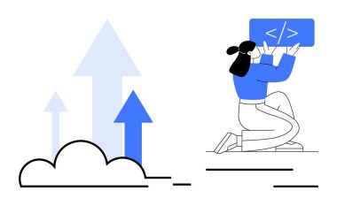 Bulut, yukarı doğru oklar, kodlama tableti, diz çökmüş kadın. Teknoloji, yenilik, büyüme, eğitim geliştirme dijital stratejileri için idealdir. Basit bir iniş sayfası için mükemmel