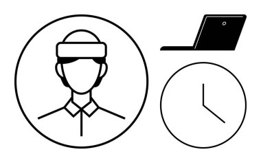 Çemberde insan avatarı, açılı dizüstü bilgisayar ve dakikliği, verimliliği ve dijital aletleri temsil eden saat. İş-yaşam dengesi, uzaktan çalışma, takım çalışması, planlama verimliliği için ideal