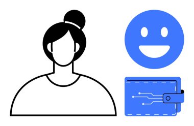 Çörek saç stili, mavi mutlu yüzü ve dijital cüzdanı olan kadın avatarı. Finans, teknoloji, güvenlik, kullanıcı profilleri, fintech, dijital ödemeler için ideal