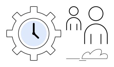 Saatli teçhizat zaman yönetimini vurgular, iki kişi ikonu işbirliğini temsil eder. Verimlilik, iş planlaması, iş akışı, takım çalışması, üretkenlik, zamanlama, basit düz metafor
