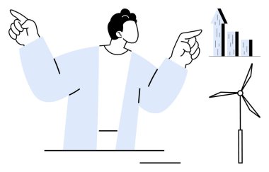 Temiz enerji ve ilerlemeyi vurgulayarak büyüme grafiği ve rüzgar türbinine doğru hareket eden kişi. Sürdürülebilirlik, enerji yeniliği, büyüme stratejileri, liderlik, yeşil teknoloji, eko