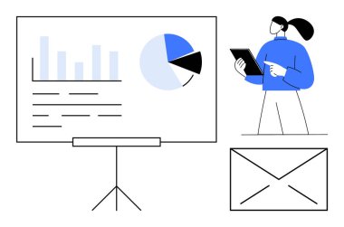 Bar tablosu, pasta grafiği, tabletli sunucu ve iletişim için zarf simgesi. İş stratejisi, analitik, takım çalışması, üretkenlik, iletişim pazarlaması için ideal