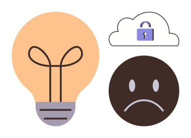 Fikirleri sembolize eden ampul, asma kilidi olan bulut siber güvenliği simgeliyor ve duygularını ifade eden üzgün yüz. Yaratıcılık, yenilik, güvenlik, çevrimiçi mahremiyet ve teknoloji için ideal
