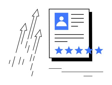 Profesyonel özgeçmiş, fotoğraf, beş yıldızlı puanlar ve yükselen oklar başarıyı ve gelişimi simgeliyor. İşe alım, işe alım, kariyer büyümesi, performans değerlendirmesi, iş başvuruları için ideal