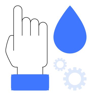 Mavi damlanın yanında yukarı doğru uzanan el ve dişliler teknolojiyi, yaratıcılığı, iş akışını, çevreyi, suyu korumayı, takım çalışmasını ve basit bir düz metafor olarak yeniliği gösterir.