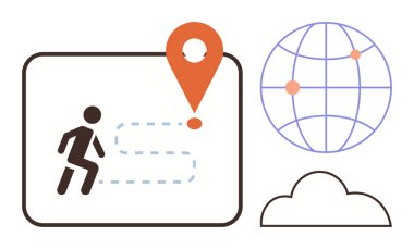 Hedefe giden yolu haritalı iğne, küresel şebeke ve bulut ile takip eden kişi. Seyahat, seyrüsefer, keşif, ilerleme, yolculuk bağlantısı küreselleşmesi için ideal. Basit düz metafor