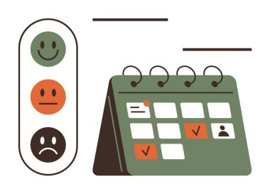 İşaretli görev ve olaylarla dolu bir takvimin yanında trafik ışığı tarzı gülen yüzler. Üretkenlik, akıl sağlığı, alışkanlık takibi, organizasyon, duygu takibi, planlama için ideal