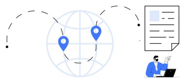 Noktalı çizgiler, bir belge ikonu ve dizüstü bilgisayarı olan bir işadamı ile bağlantılı iki konum işaretleyicisi olan bir dünya. Küresel iletişim, veri paylaşımı, uzaktan işbirliği, lojistik ve ağ için ideal