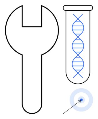 Test tüpündeki DNA sarmalının yanında hedef işareti, hassas mühendislik, biyoteknoloji yeniliği ve moleküler bilimi temsil ediyor. Genetik, biyoteknoloji, yenilik, araştırma ve bilim için ideal
