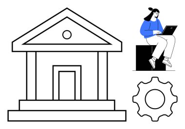 Banka binası, dizüstü bilgisayar kullanan bir kadın, vites kutusu. Finans, teknoloji, bankacılık, eğitim, yenilik dijital dönüşüm iş akışı yönetimi için idealdir. Basit düz metafor