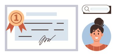 Kurdele ve imzalı sertifika, dairesel çerçeveli kullanıcı profili ve arama çubuğu. Eğitim, iş tanıma, başarı, sertifika, kişisel gelişim kariyeri için ideal. Basit düz