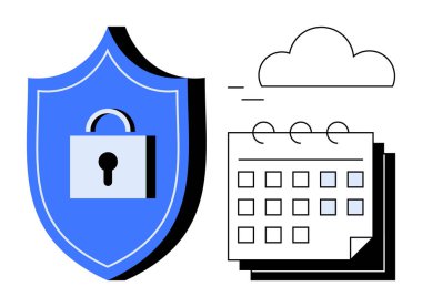 Kilitli, bulutlu ve takvimde veri koruması, güvenli erişim ve planlama anlamına gelen mavi bir kalkan. Siber güvenlik, bulut teknolojisi, zaman yönetimi, gizlilik organizasyonu için ideal