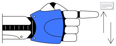 Mavi kaplamalı robot el, bitişik oklu dijital belge ikonuna bakıyor. Teknoloji, otomasyon, robot bilimi, yenilik, yapay zeka, dijital etkileşim, gelecekteki çözümler için ideal