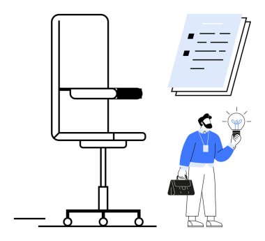 Ofis koltuğu, elinde parlak bir ampul tutan bir profesyonelin olduğu belgelerin yanında. Yaratıcılık, yenilik, üretkenlik, liderlik, beyin fırtınası, iş büyümesi, işyeri kültürü için idealdir. Basit.