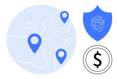 Konum iğneli harita, parmak izli kalkan ve dünya çapındaki bağlantıyı simgeleyen dolar işareti, veri güvenliği, finans hizmetleri, küresel ticaret, dijital ödeme, güvenli işlemler, basit daire işlemleri