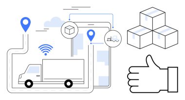 Yolda teslimat kamyonu, GPS yer belirleyicileri, takip cihazlı akıllı telefon, kablosuz sinyaller, paketler ve onay işareti. Lojistik, dağıtım ve GPS teknolojisi için ideal iş akışı basit