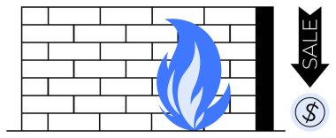 Parlak alevli tuğla duvar, aşağı doğru ok indirimli satış işareti ve dolar işareti bozuk para. Siber güvenlik, güvenlik duvarı koruması, enerji tasarrufu, indirimler, finansal risk, İnternet güvenliği ve çevrimiçi için ideal