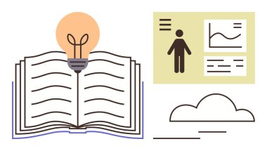 Parlayan ampul, insan bilgisi, veri tablosu ve bulutlu açık bir kitap. Eğitim, öğrenme, bilgi paylaşımı, yaratıcılık yenilik veri analizi ve ilham için idealdir. Basit düz