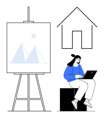 Ev çiziminin yakınında geometrik sanat eserleri olan bir sehpanın yanında dizüstü bilgisayar kullanan bir kadın. Yaratıcılık için ideal, uzaktan çalışma, tasarım düşünme, mimari planlama, dijital öğrenme, kendini ifade etme, basit düz çalışma