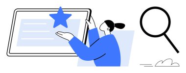 Tablet ekranındaki bir yıldızı gösteren kişi büyüteç ve hareket çizgileri. Başarı, tanınma, araştırma, değerlendirme, kalite güvencesi yeniliği veya karar verme için idealdir. Basit.