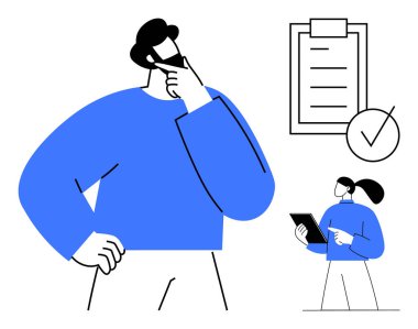 Erkek figürü düşünme, işaretli liste, kadın tutma cihazı. Takım çalışması, planlama, proje yönetimi, karar verme, strateji, hedefler için ideal