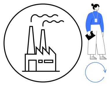 Fabrika duman yayıyor, çalışan pano ile ayakta duruyor, ok geri dönüşümü gösteriyor. Sürdürülebilirlik, endüstri, ekoloji, geri dönüşüm süreci, enerji üretimi, çevre dostu sanayi dairesel