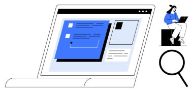 Bilgisayarda organize bilgiler, dizüstü bilgisayarda çalışan bir kadın ve büyüteç var. Araştırma, üretkenlik, uzaktan çalışma, analiz, yaratıcılık yenilikleri için ideal. Basit.