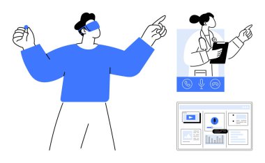 VR kulaklık kullanan bir adam dijital doktor ve sanal gösterge paneliyle etkileşime giriyor. Teletıp, sanal sağlık, uzaktan konsültasyon, yenilik, VR, dijital araçlar, basit düz metafor için ideal