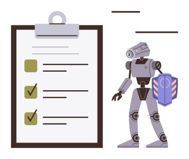 Robot, elinde bir listeyle bir panonun yanında duruyor. Kontrol işaretleri görevin tamamlandığını ve güvenliğin sağlandığını gösteriyor. Siber güvenlik, otomasyon, veri koruması, yapay zeka, güvenilirlik, verimlilik için ideal