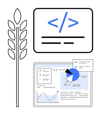 Tarım temalı elementlerle kodlama arayüzü, veri görselleştirme grafikleri, pasta grafiği ve kod sembolü. Sürdürülebilirlik, programlama, tarımda teknoloji, kodlama, analitik yenilik için ideal
