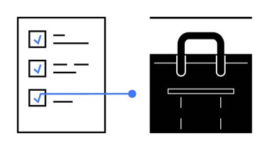 İşyeri verimliliğini temsil eden bir satırla bir evrak çantasına bağlı olarak işaretlenmiş görevler listesi. Üretim, organizasyon, planlama, iş hayatı dengesi, hedef belirleme, görev yönetimi için ideal