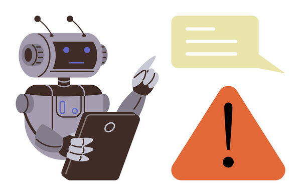 Робот держит планшет, указывающий на предупреждающий символ рядом с пузырём сообщений. Идеально подходит для оповещения AI, технологических рисков, автоматизации, ошибок ботов, кибербезопасности, машинного общения, простой плоской метафоры