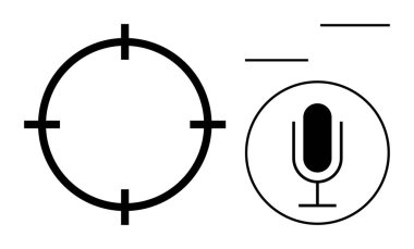 Çember içindeki bir mikrofonun yanında minimalist bir kesişme noktası. Odaklanma ve ses kaydı öneriyor. Teknoloji, medya, hedefleme, iletişim, müzik, podcast, basit iniş sayfası için ideal