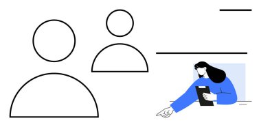 Mavi bluzlu bir kadının yanındaki kullanıcı profili simgeleri bir belgeyi işaret ediyor. Teknoloji, takım çalışması, yönetim, geri bildirim, çevrimiçi hizmetler, İK yönetimi ve basit bir iniş sayfası için ideal