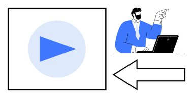 Dizüstü bilgisayarda, oyun düğmesi ve okun yanında resmi jestler yapan bir adam. Eğitim, multimedya, yön, rehberlik, yönetim, çevrimiçi kurslar, navigasyon için ideal. Temiz ve basit bir daire
