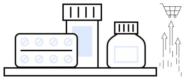 İlaç paketi, ilaç kutusu ve raftaki şişeler. Oklar ve el arabası satış artışını, ekommersi, sağlık erişimini, endüstri talebini, ilaç dağıtımını, yenilik eğilimlerini simgeliyor.