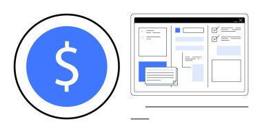 Haritalar ve veri blokları olan bir ekranda yapılandırılmış bir arayüzün yanında dolar sembolü. Finans, bütçe yönetimi, muhasebe, tasarruf, analitik, organizasyon, yatırım için ideal. Basit düz