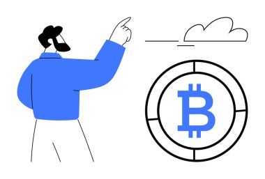 Buluta doğru hareket eden bir adam ve dairesel çerçevede Bitcoin logosu. Kripto para birimi, engelleme zinciri, finans, yatırım, fintech trendleri, dijital gelecek, basit düz metafor için ideal