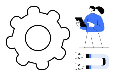 Tableti vites ve mıknatıs simgelerinin yanında tutan kadın figürü. Yenilik, iş akışı, teknoloji, sorun çözme, iş sistemleri, dijital kavramlar, basit iniş sayfası için ideal