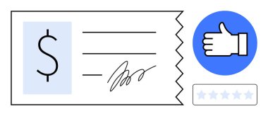 Yırtık kenarlı fatura, dolar sembolü, yazı, imza, onay ikonu ve 5 yıldızlı not. Finans, onay konsepti, e-ticaret ödeme başarı kalite güvencesi için ideal