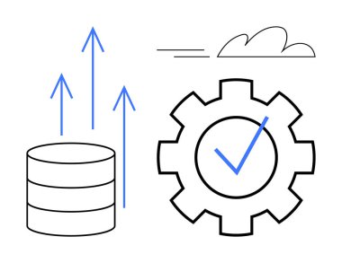 Büyüme okları olan bir veritabanı, sistem optimizasyonunu simgeleyen işaretli bir dişli ve ağ veya bulut kullanımı için bir bulut. Teknoloji, veri yönetimi, bulut hesaplama, sistem güncellemeleri için ideal