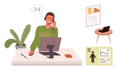 Ofis araçlarıyla çevrili, kulaklık ve masaüstü bilgisayarlı erkek destek ajanı çağrılara cevap veriyor. Takım çalışması, iletişim, müşteri hizmetleri, işbirliği, teknoloji, üretkenlik, kariyer için ideal