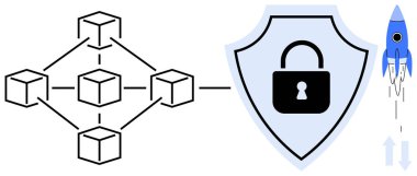 Siber güvenlik için kilit ikonu olan bir kalkana bağlı blok zincir yapısı, büyümeyi temsil eden bir roketin yanında. Teknoloji, güvenlik, yenilik, engelleme zinciri, siber güvenlik, büyüme için ideal