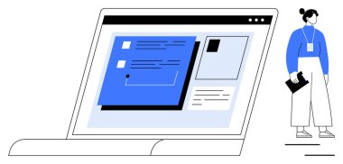 İçerik blokları ve navigasyon ile dijital arayüzü gösteren dizüstü bilgisayar. Elinde dosya tutan bir kadın. Teknoloji, tasarım, ticaret, eğitim, dijital strateji, geliştirme ekip çalışması için idealdir. Temiz