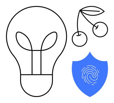 Entegre yapraklı ampul, bir çift kiraz ve mavi kalkan parmak izi tasarımı. Yenilik için ideal, sürdürülebilirlik, veri güvenliği, doğa, yaratıcılık, eko-dostluk soyut kavramlar